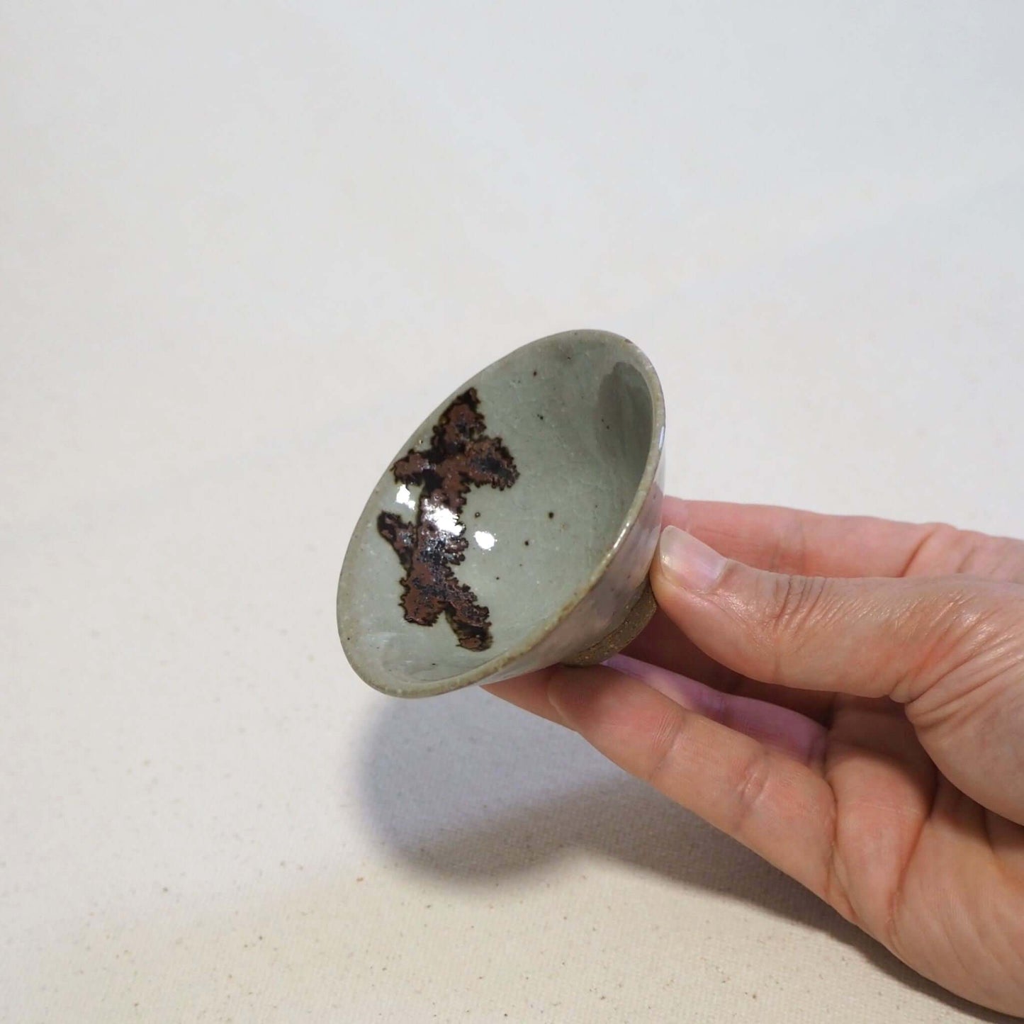 京焼 石雲窯作 灰釉茶杯 手持ちイメージ