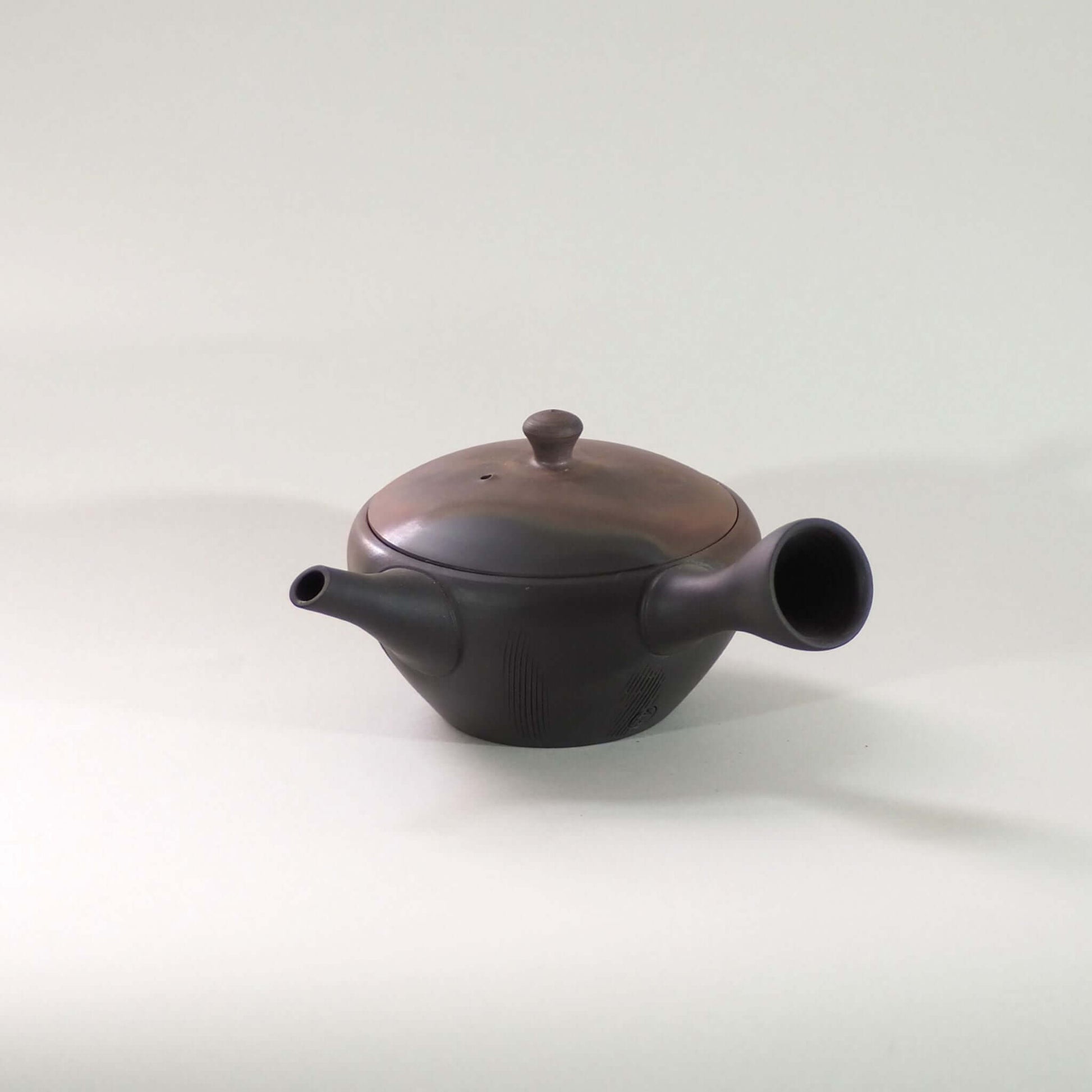 常滑焼玉光陶園の窯変平丸急須の画像。注ぎ口が左、把手が右にある