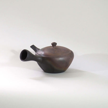 常滑焼玉光陶園の窯変平丸急須の画像。把手が左にある