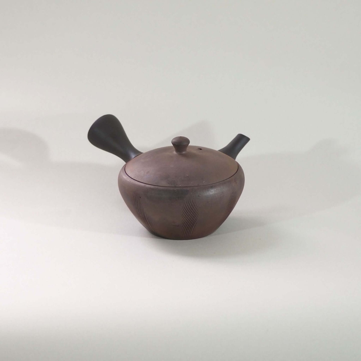 常滑焼玉光陶園の窯変平丸急須の画像。注ぎ口が右、把手が左にある