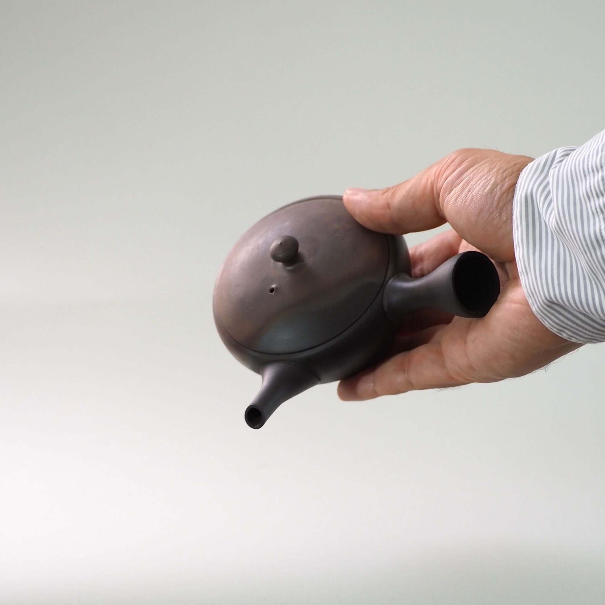 常滑焼玉光陶園の窯変平丸急須を手で持っている