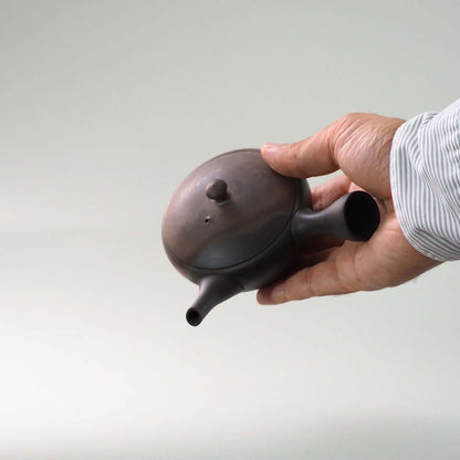 常滑焼玉光陶園の窯変平丸急須を手で持っている