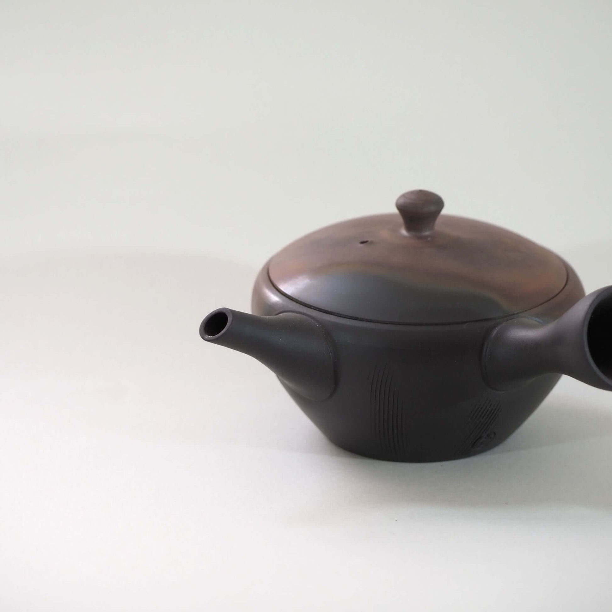 常滑焼玉光陶園の窯変平丸急須の側面