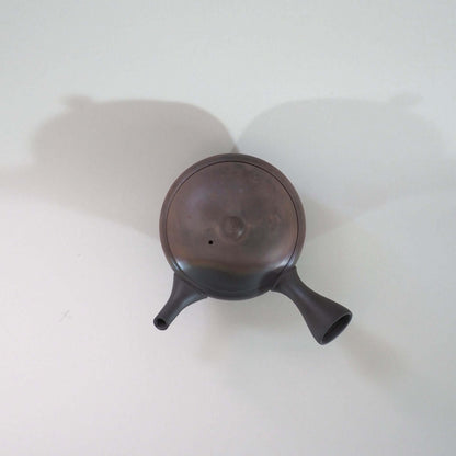 常滑焼玉光陶園の窯変平丸急須を上方向から見ている。