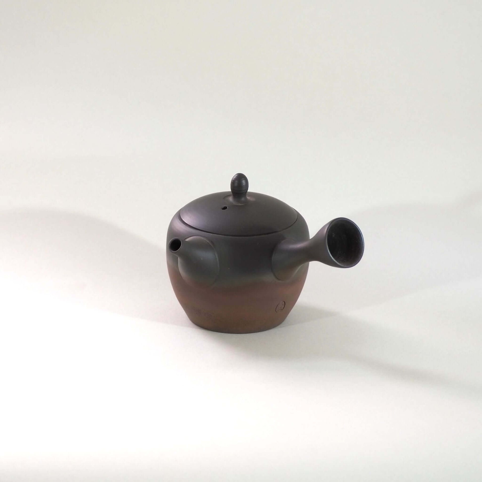 常滑焼玉光陶園の窯変長丸急須の画像。注ぎ口が左、把手が右にある