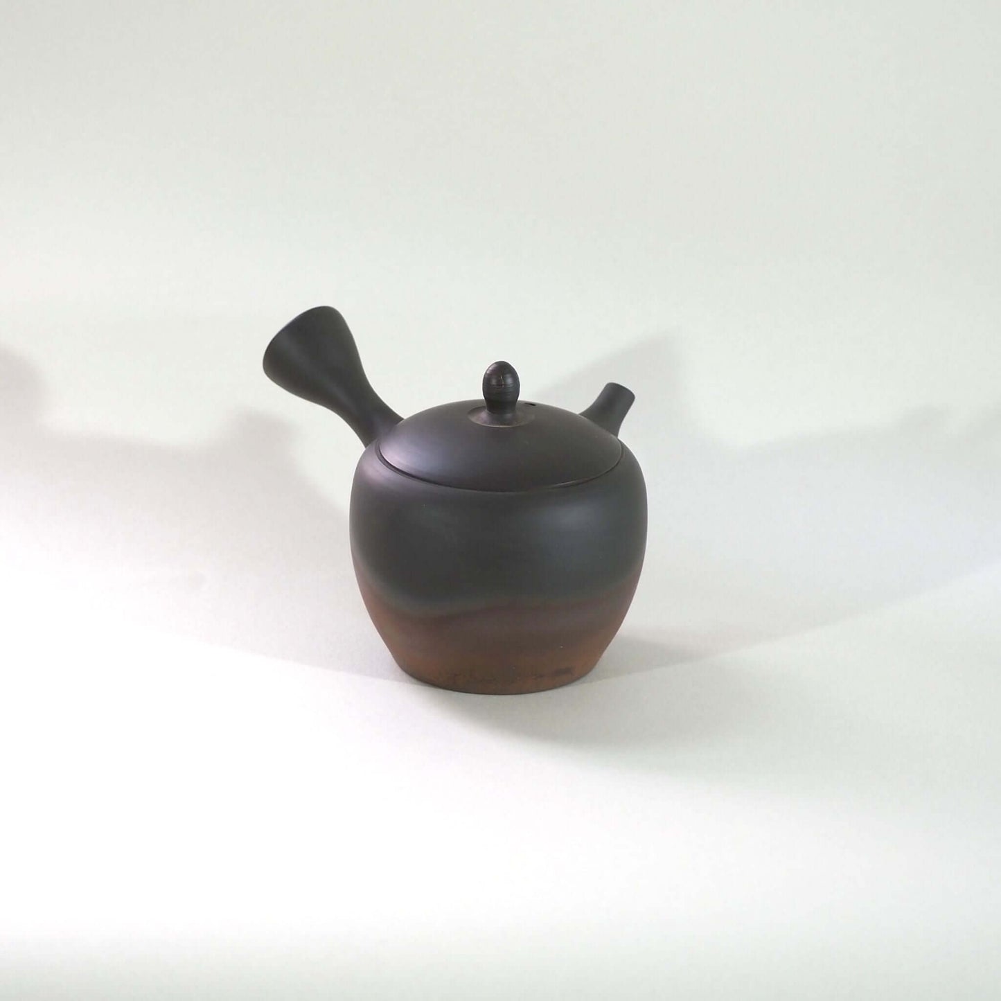 常滑焼玉光陶園の窯変長丸急須の画像。注ぎ口が右、把手が左にある