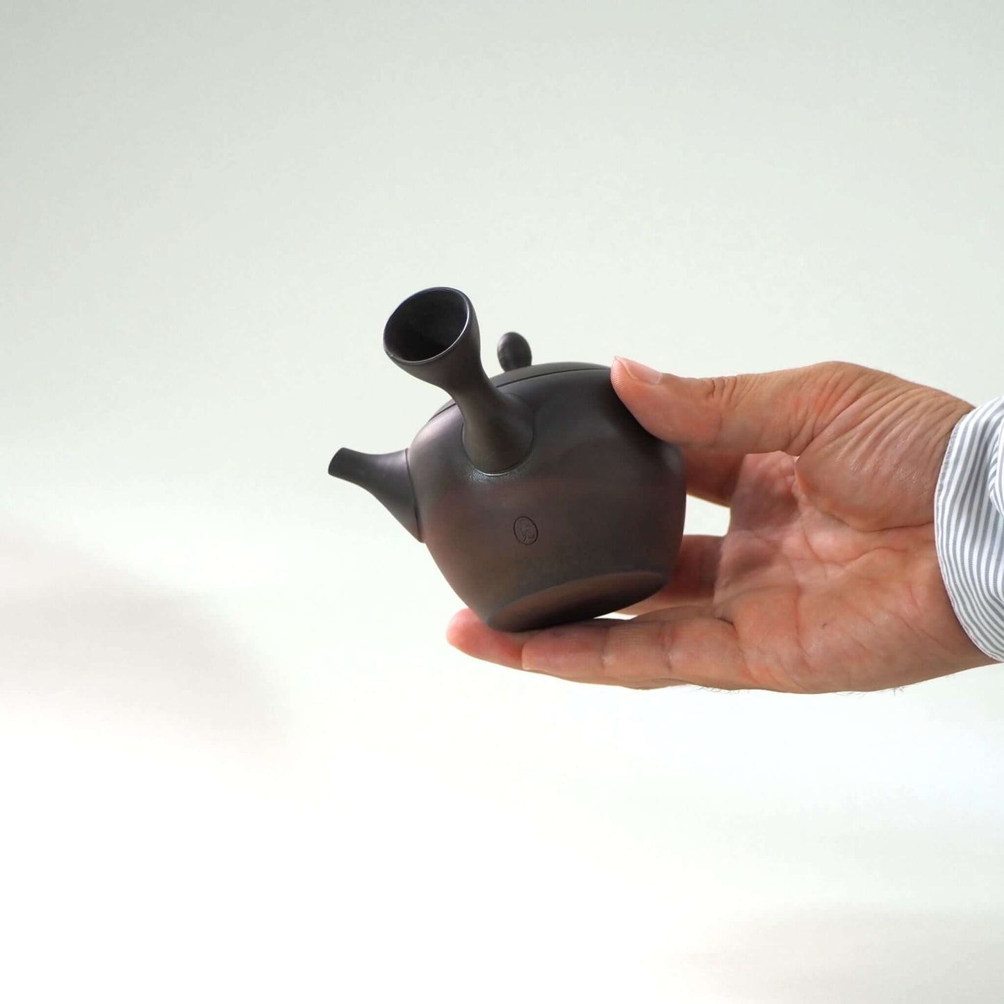 常滑焼玉光陶園の窯変長丸急須を手で持っている