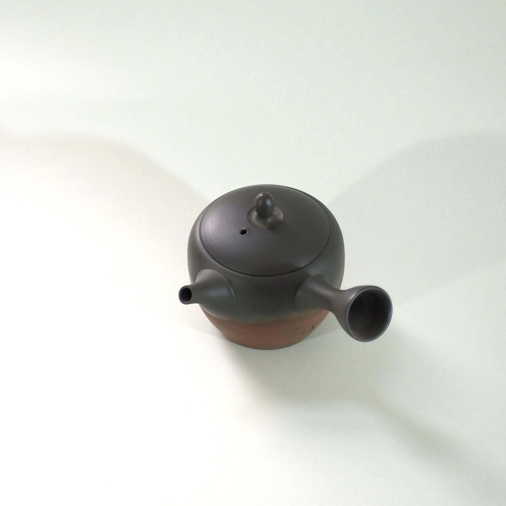 常滑焼玉光陶園の窯変長丸急須を斜め上から見ている