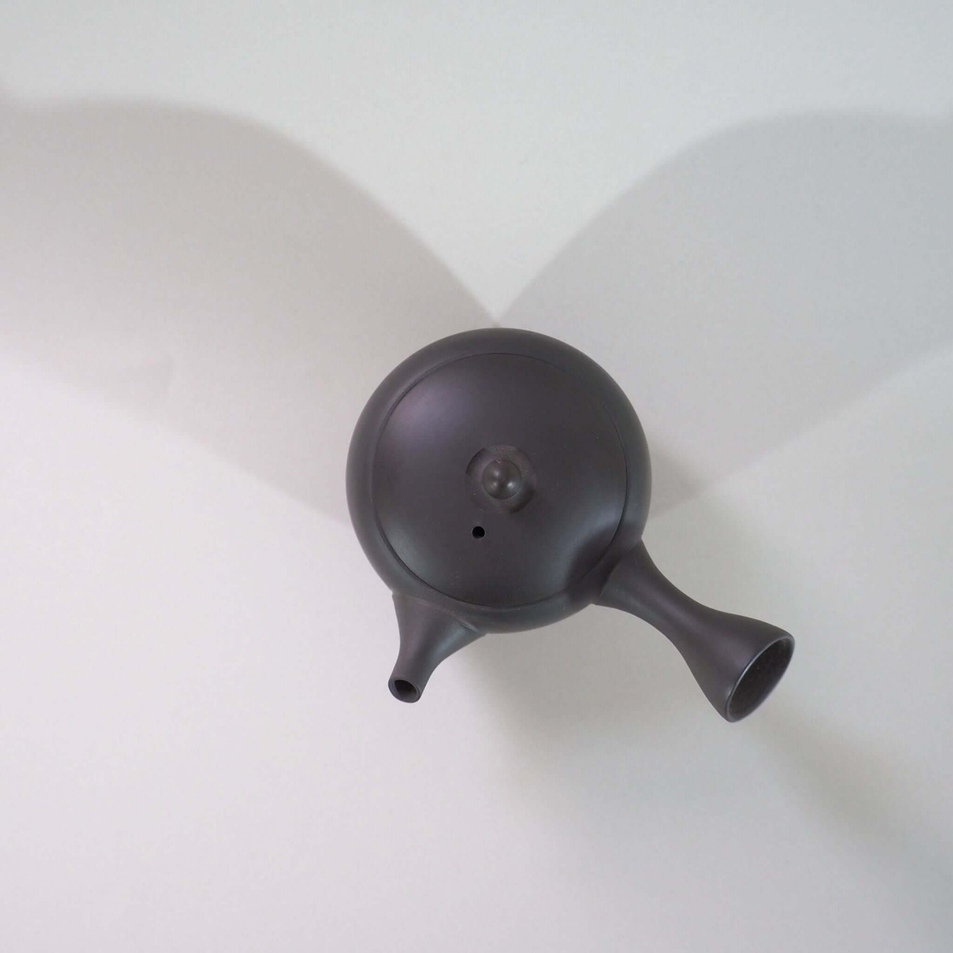 常滑焼玉光陶園の窯変長丸急須を上方向から見ている