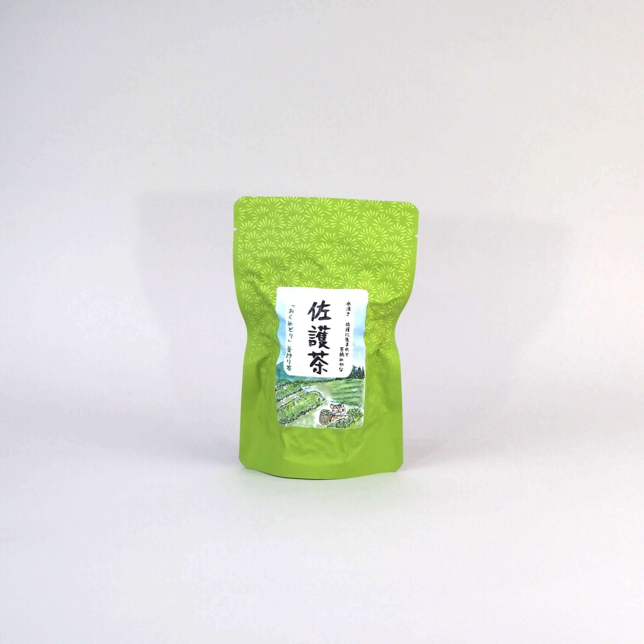 茶葉のパッケージ画像です。緑色の外装です。外装の中央に、縦書きで「佐護茶」と記載されています。