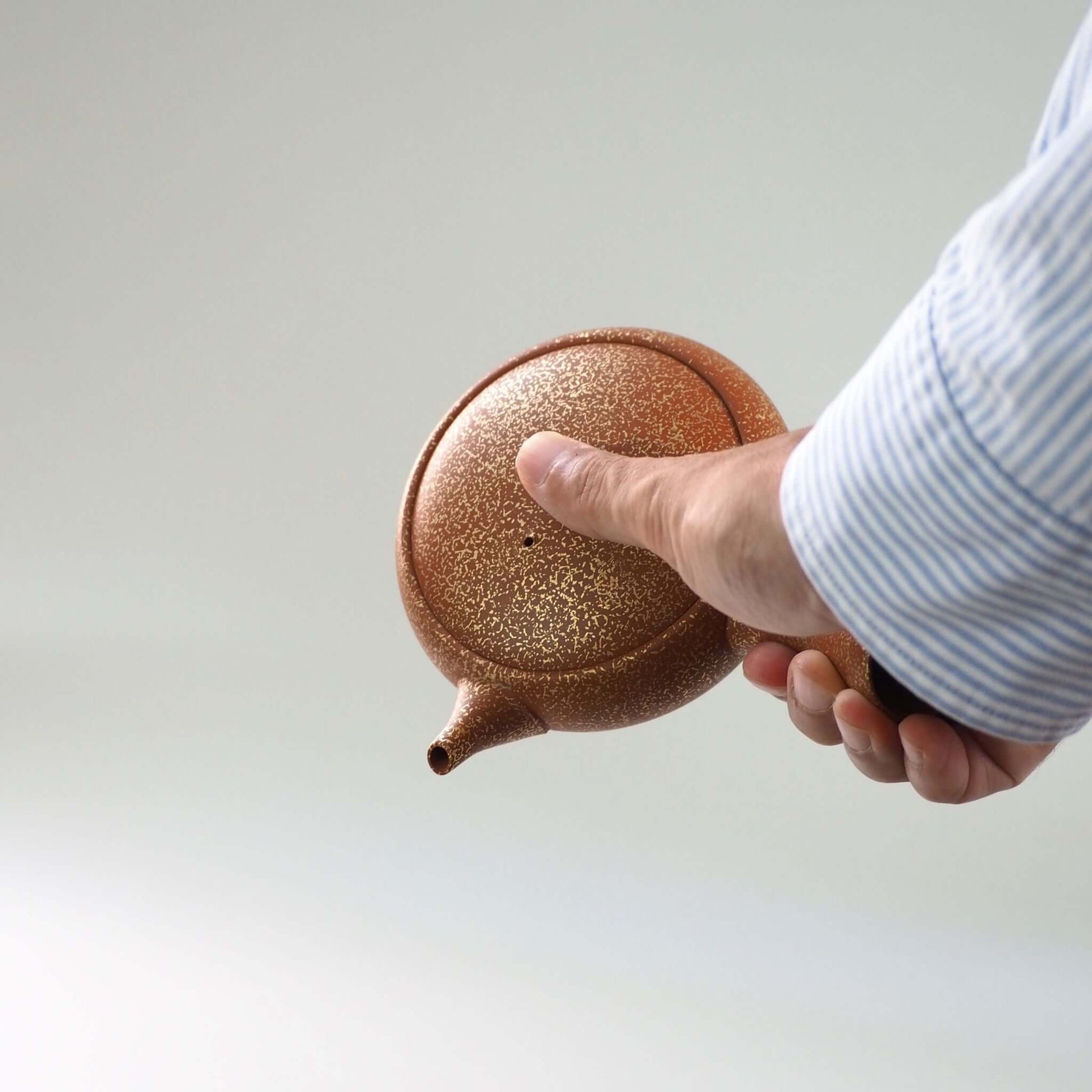 常滑焼玉光陶園の朱泥平丸金たたき急須を手で持ち、傾けている