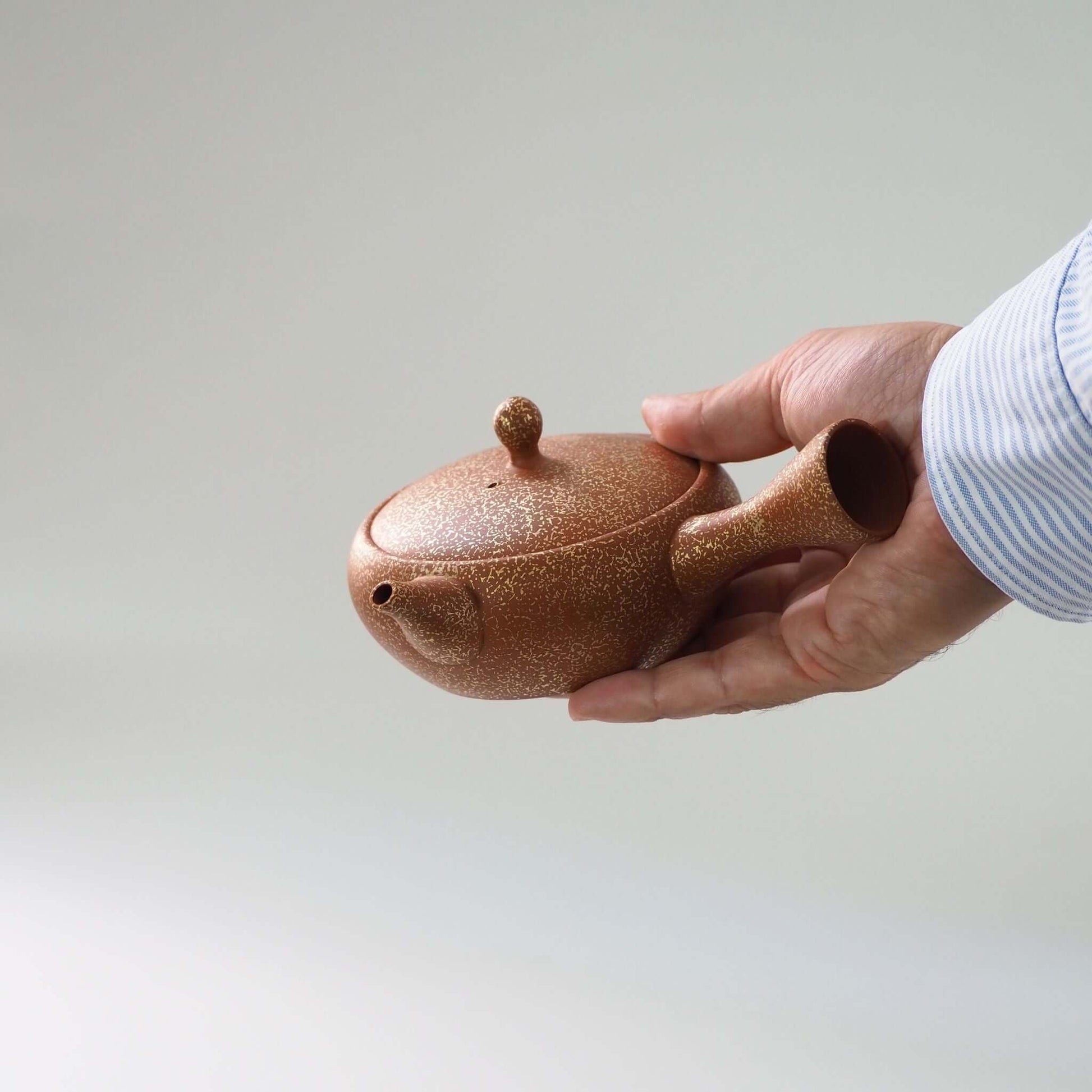 常滑焼玉光陶園の朱泥平丸金たたき急須を手で持っている