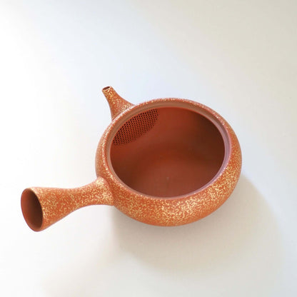 常滑焼玉光陶園の朱泥平丸金たたき急須の蓋を開け斜め上から見ている