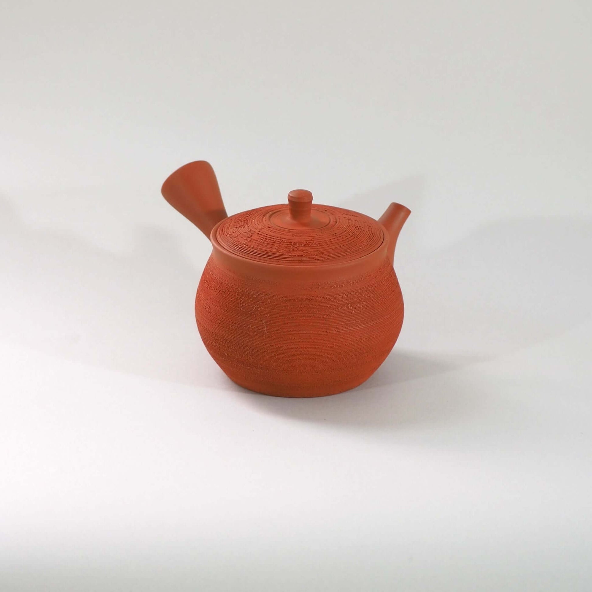 常滑焼玉光陶園の朱泥松皮急須を正面から見ている。注ぎ口が右、把手が左にある