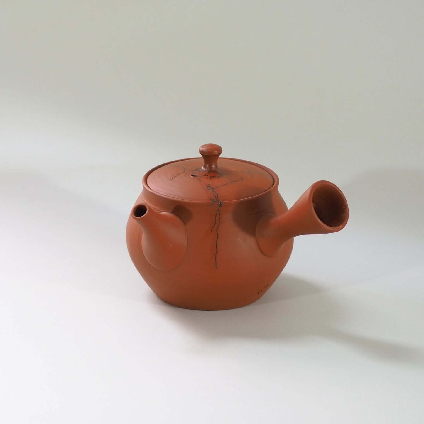 常滑焼玉光陶園の朱泥藻掛け急須を正面から見ている。注ぎ口が左、把手が右にある