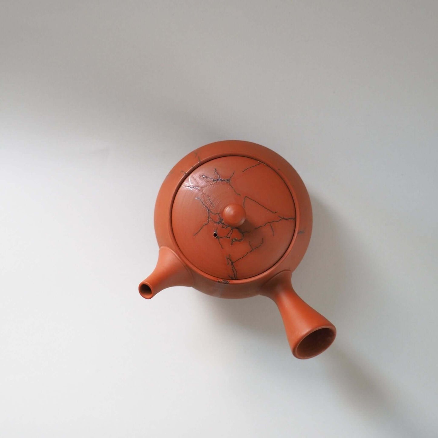 常滑焼玉光陶園の朱泥藻掛け急須を上方向から見ている