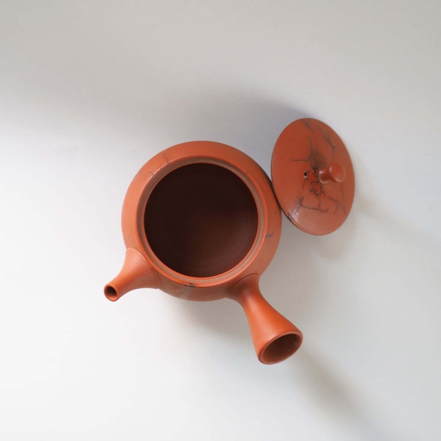 常滑焼玉光陶園の朱泥藻掛け急須の蓋を開け、上方向から見ている