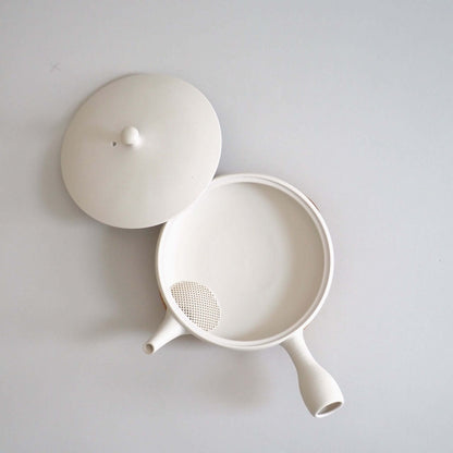 Tokoname ware white flat teapot, viewed from above — soft white appearance achieved through wheel-throwing.